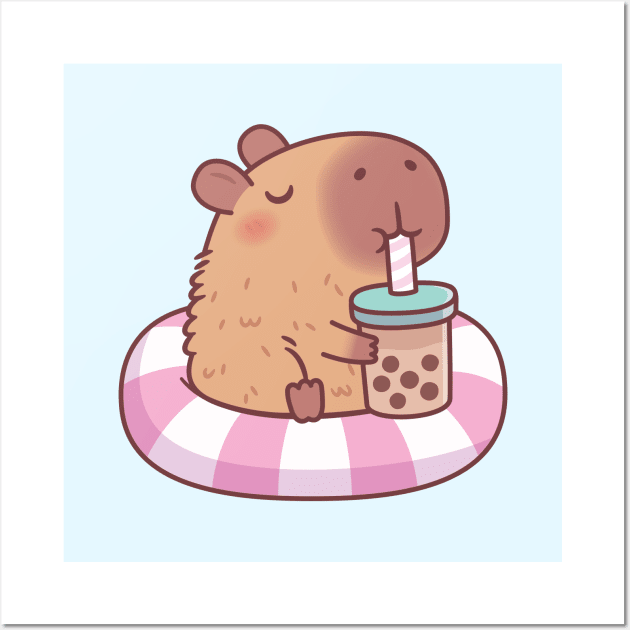 Cute Capybara On Pool Float Drinking Bubble Tea Wall Art by rustydoodle